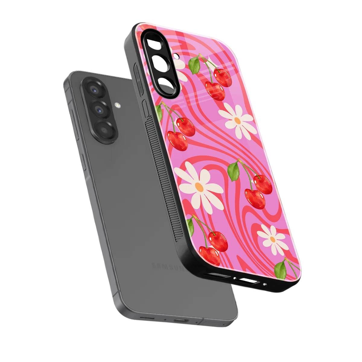 Floral Cherry sleek samsung galaxy a56 5g cover with tempered glass back and TPU edges