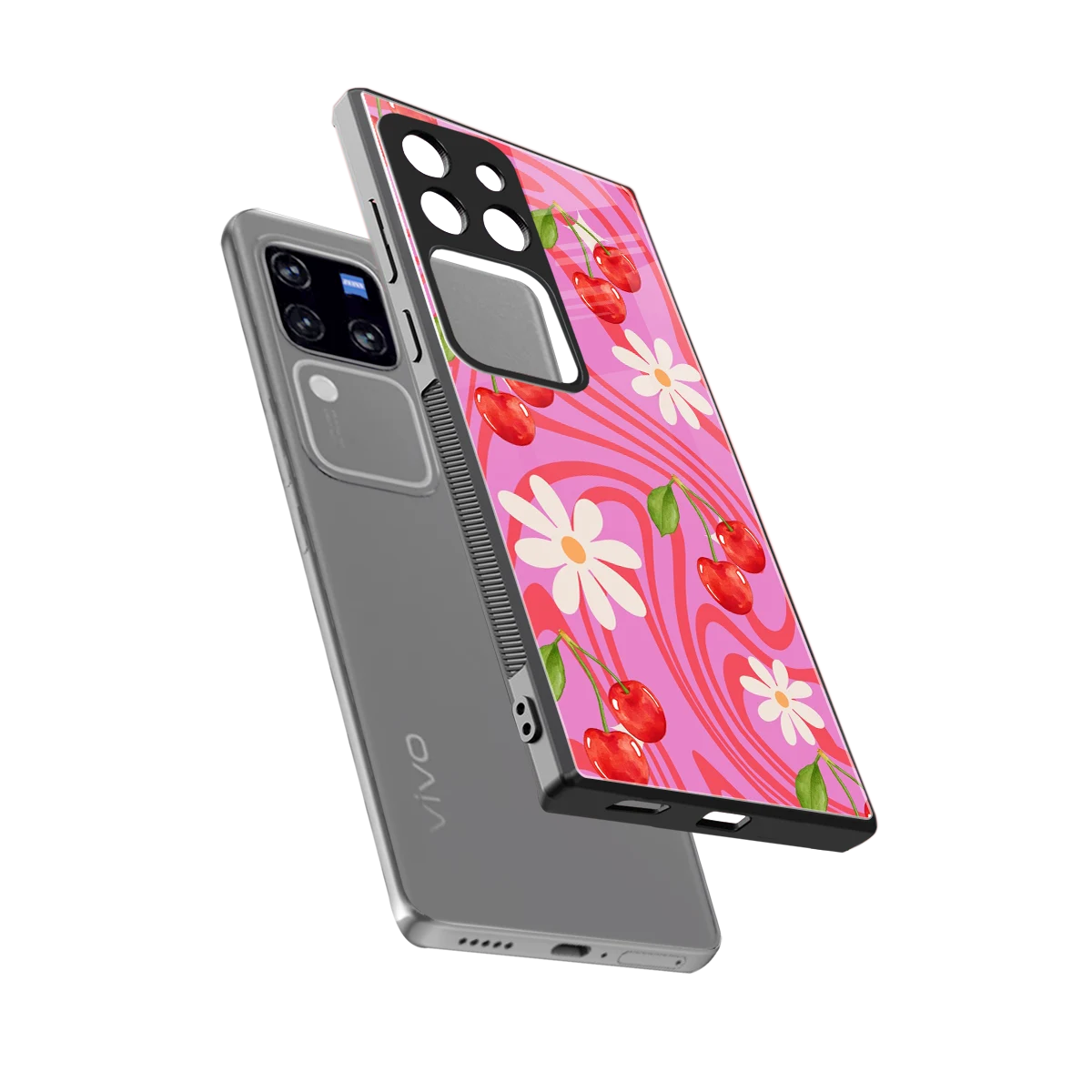 Floral Cherry sleekvivo v30 pro cover with tempered glass back and TPU edges