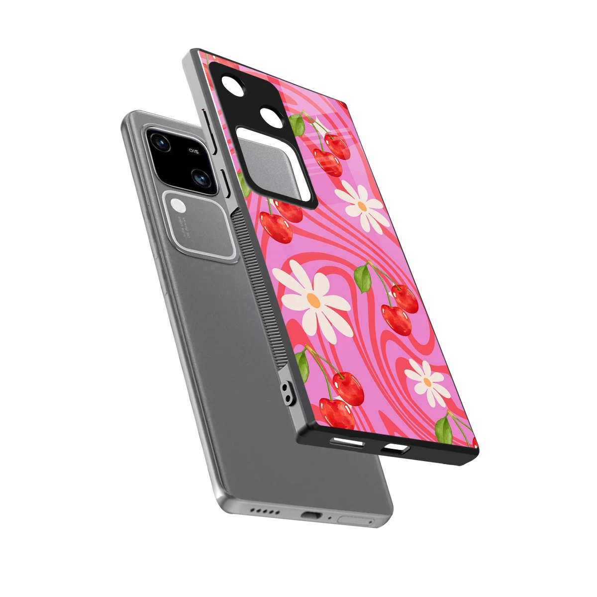 Floral Cherry sleek vivo v30 cover with tempered glass back and TPU edges
