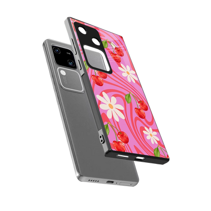 Floral Cherry sleek vivo v30 cover with tempered glass back and TPU edges