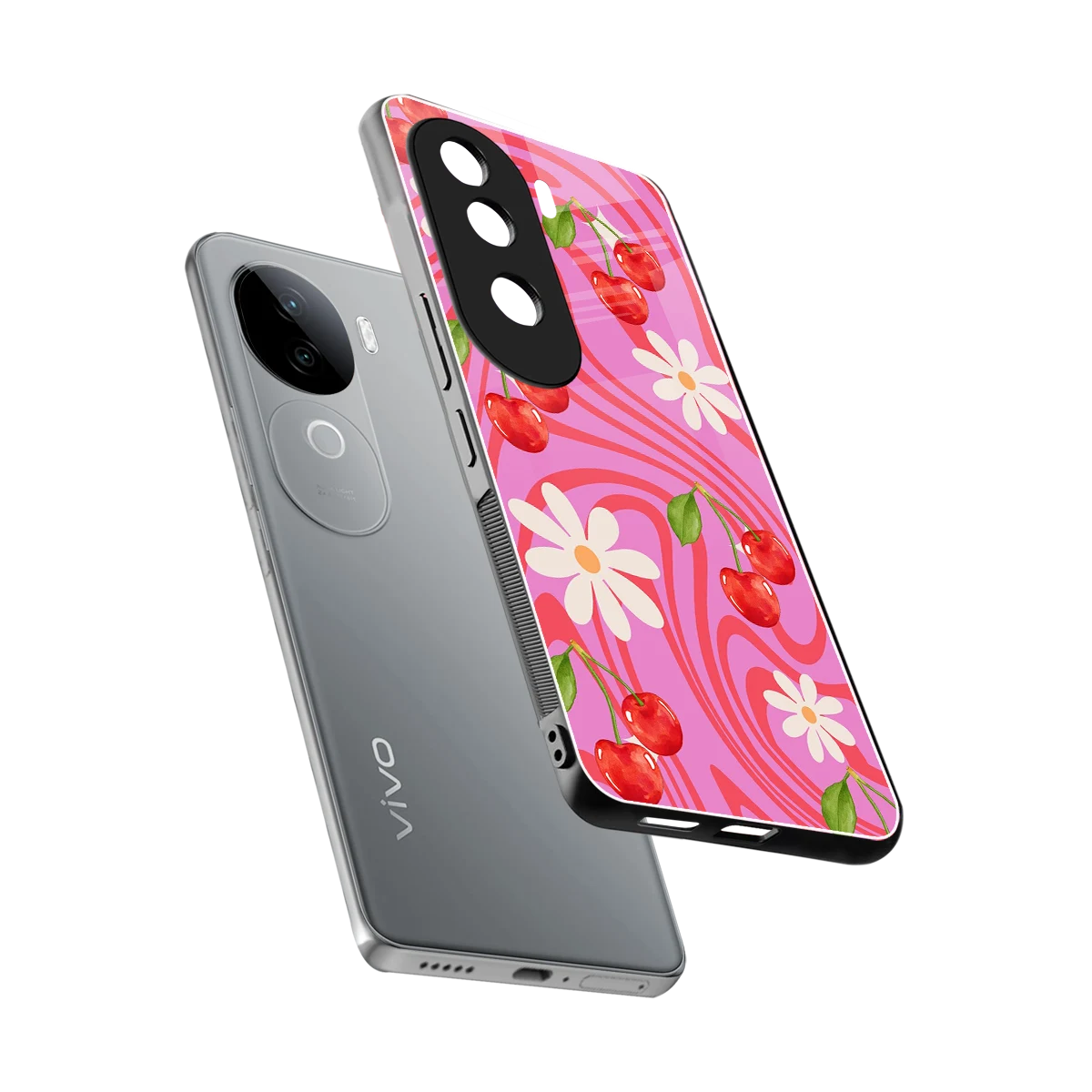 Floral Cherry sleek vivo v40e cover with tempered glass back and TPU edges