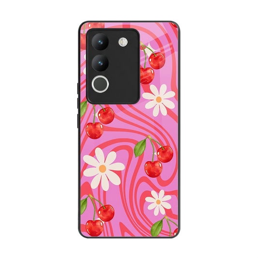 Floral Cherry back phone cover | glass case for vivo y200 5g