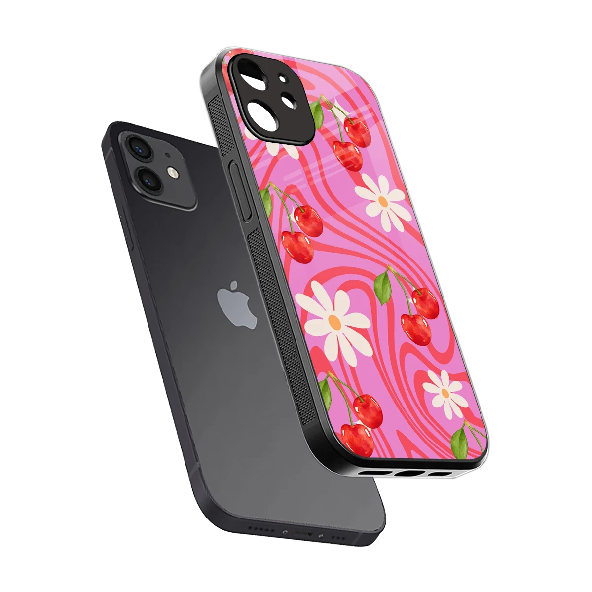 Floral Cherry sleek iphone 12 cover with tempered glass back and TPU edges