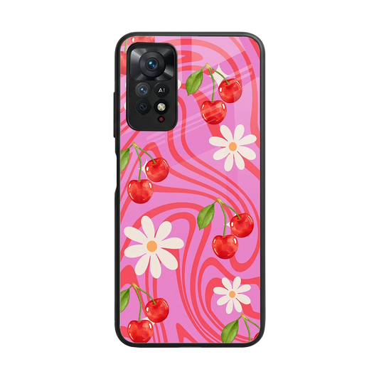 Floral Cherry back phone cover | glass case for redmi note 11 pro