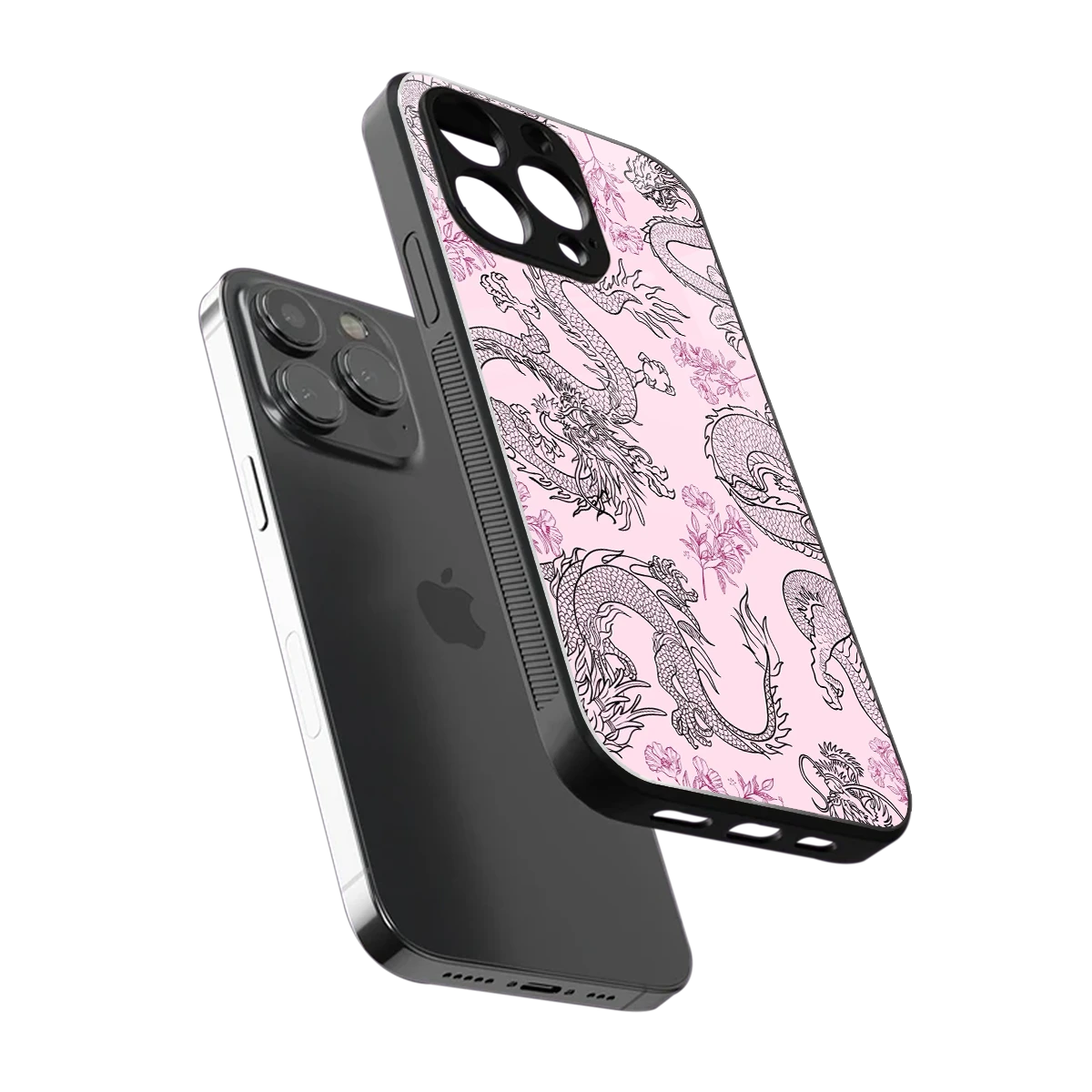 Floral Dragon sleek iphone 14 pro max cover with tempered glass back and TPU edges