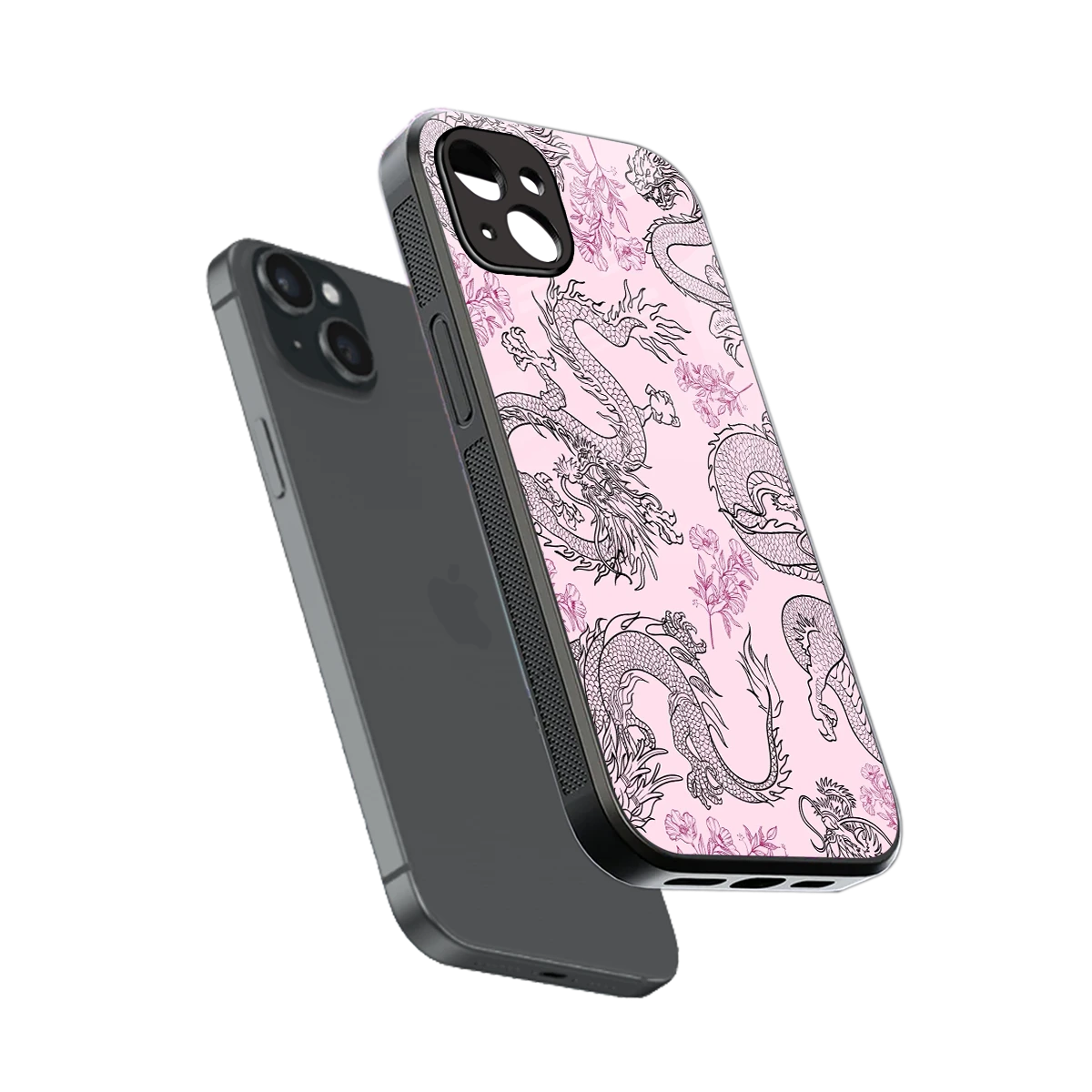 Floral Dragon sleek iphone 14 plus cover with tempered glass back and TPU edges