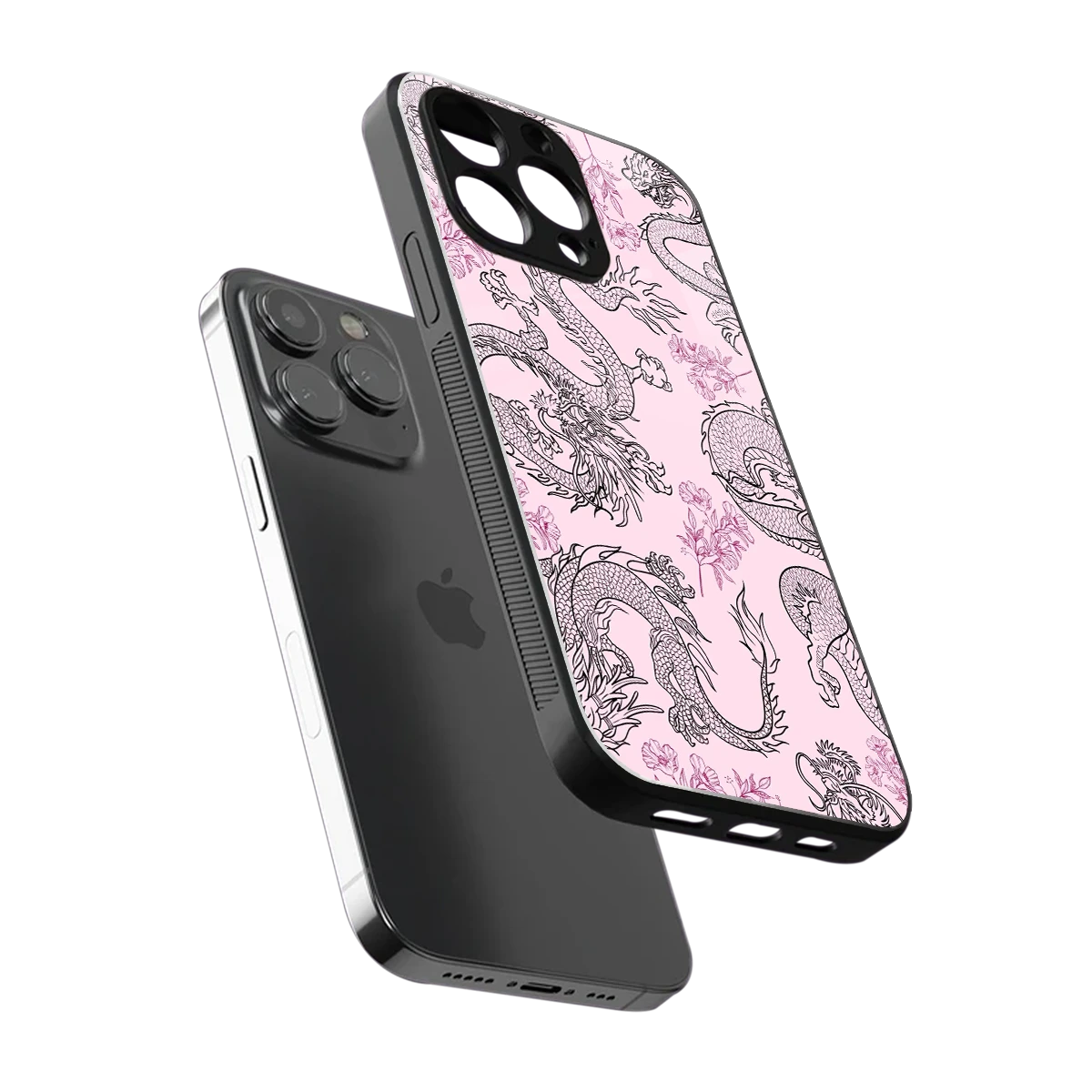 Floral Dragon sleek iphone 15 pro cover with tempered glass back and TPU edges