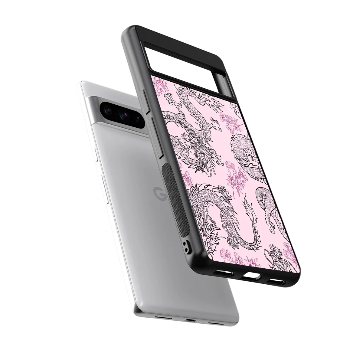 Floral Dragon sleek google pixel 8 pro cover with tempered glass back and TPU edges