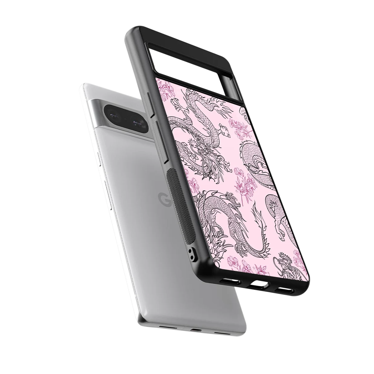 Floral Dragon sleek google pixel 8 cover with tempered glass back and TPU edges