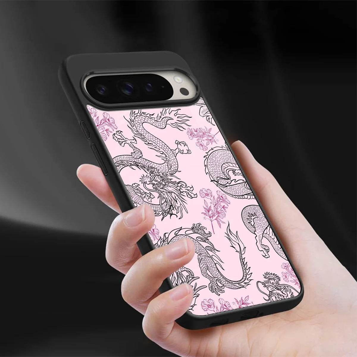 Floral Dragon sleek google pixel 9 pro xl cover with tempered glass back and TPU edges