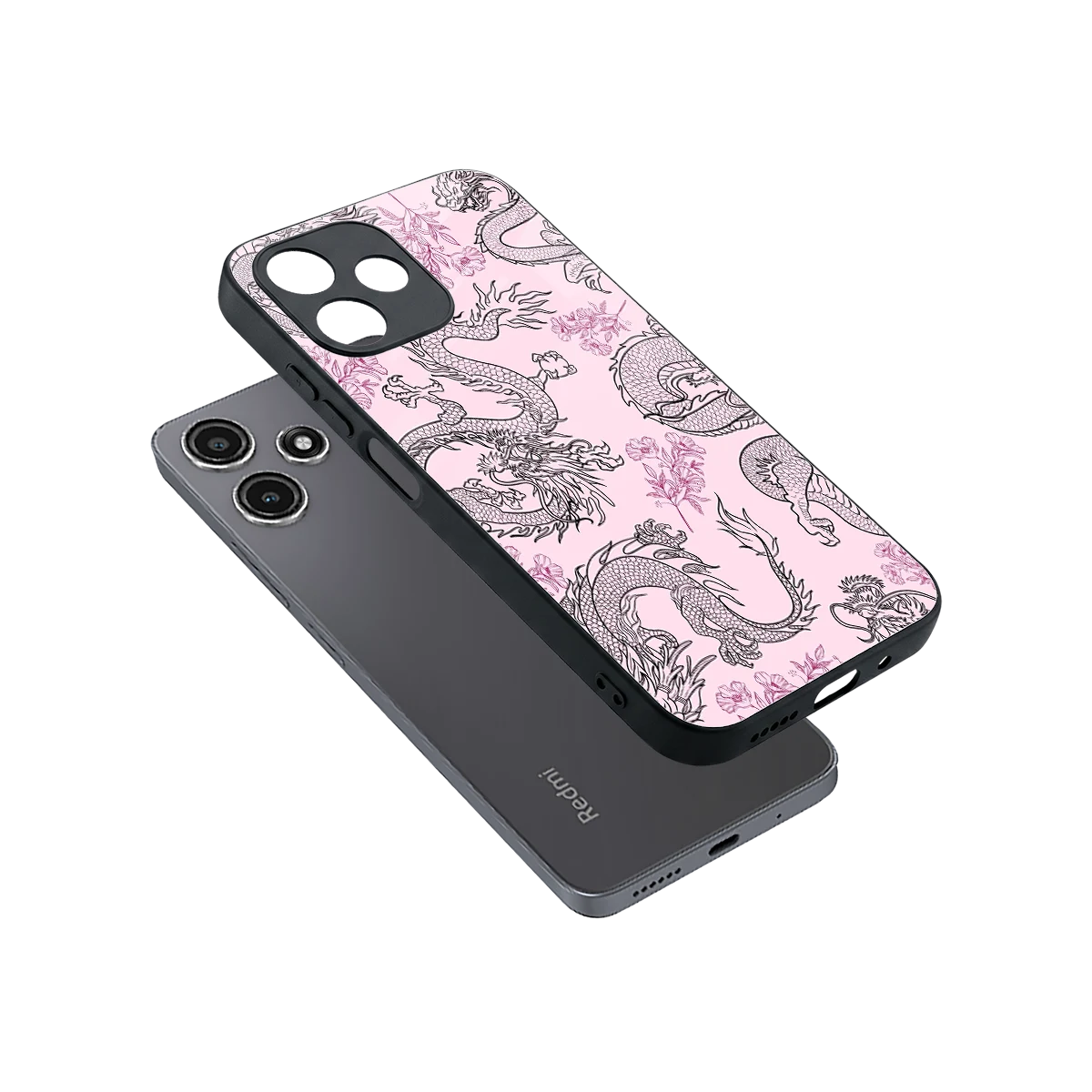 Floral Dragon sleek redmi 12 5g cover with tempered glass back and TPU edges