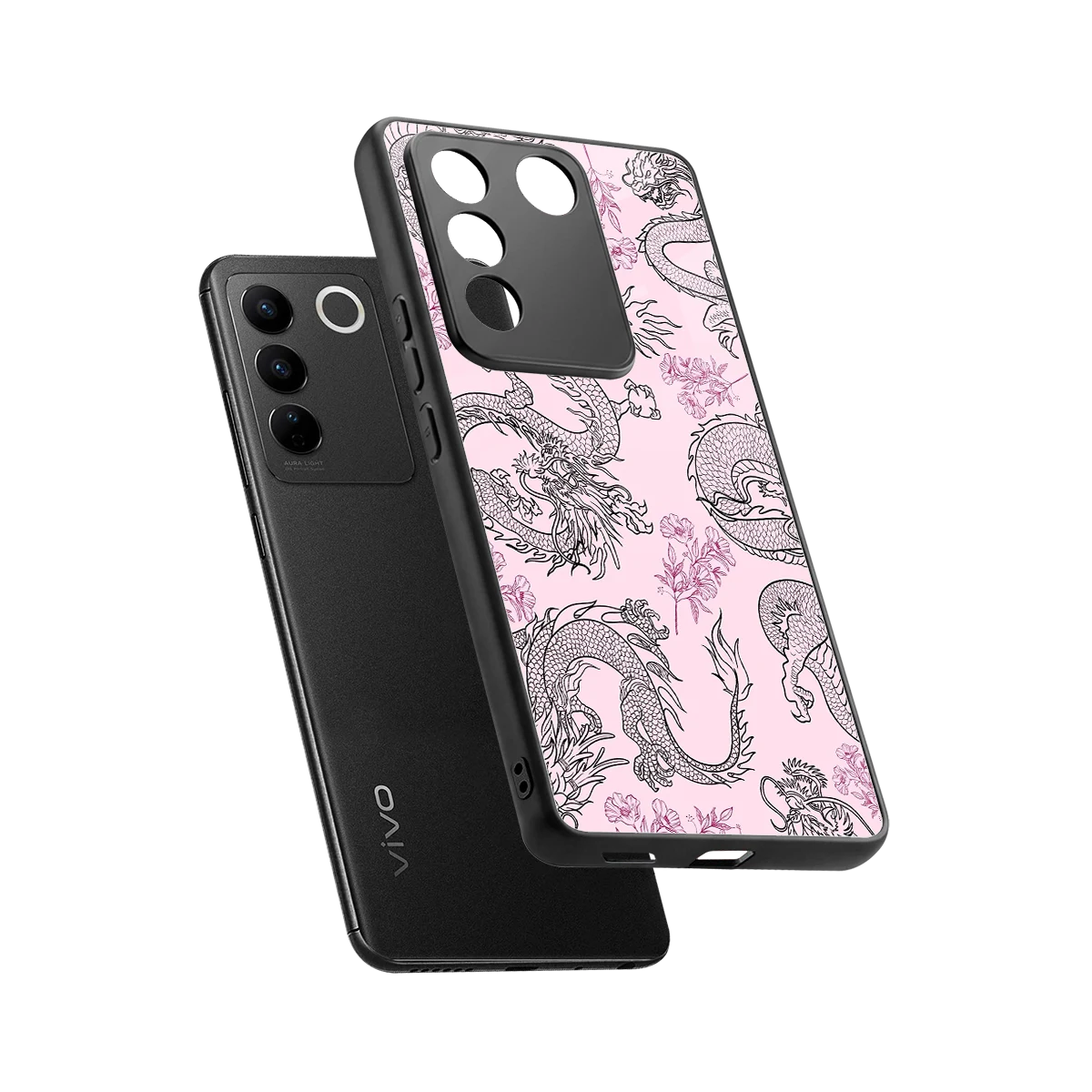 Floral Dragon sleek vivo v27 5g cover with tempered glass back and TPU edges