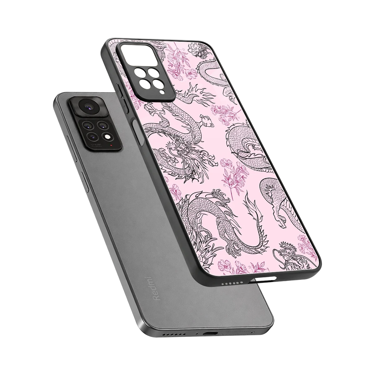 Floral Dragon sleek redmi note 11 pro cover with tempered glass back and TPU edges