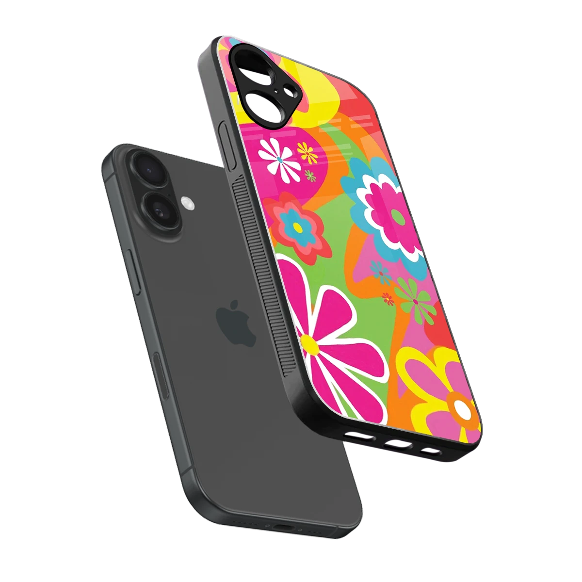 Floral Fusion sleek iPhone 16 cover with tempered glass back and TPU edges