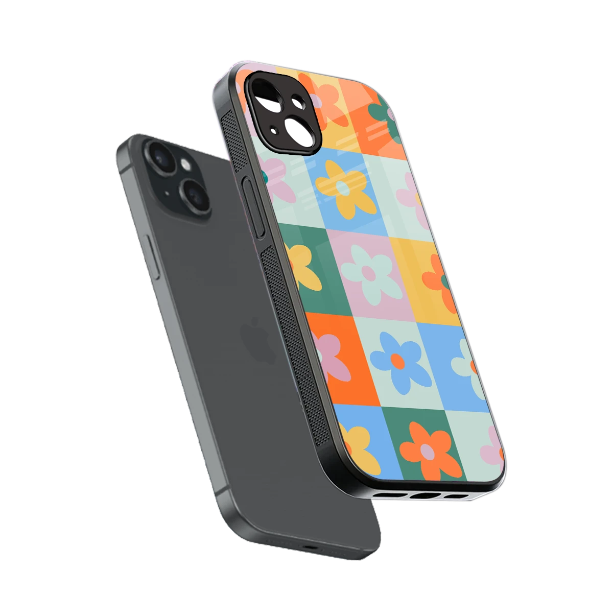 Floral Patchwork sleek iphone 15 plus cover with tempered glass back and TPU edges