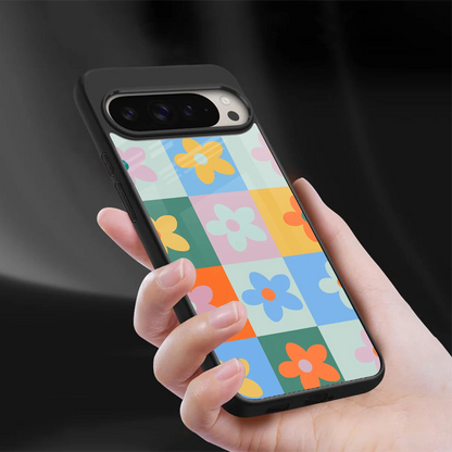 Floral Patchwork sleek google pixel 9 pro xl cover with tempered glass back and TPU edges