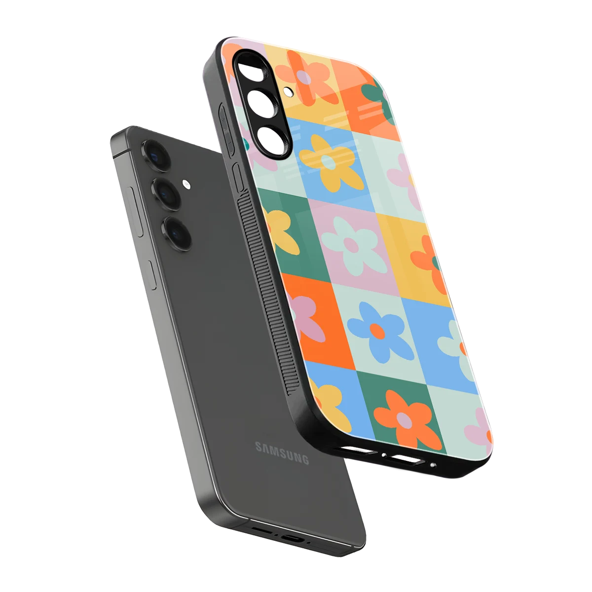 Floral Patchwork sleek samsung galaxy m35 5g cover with tempered glass back and TPU edges