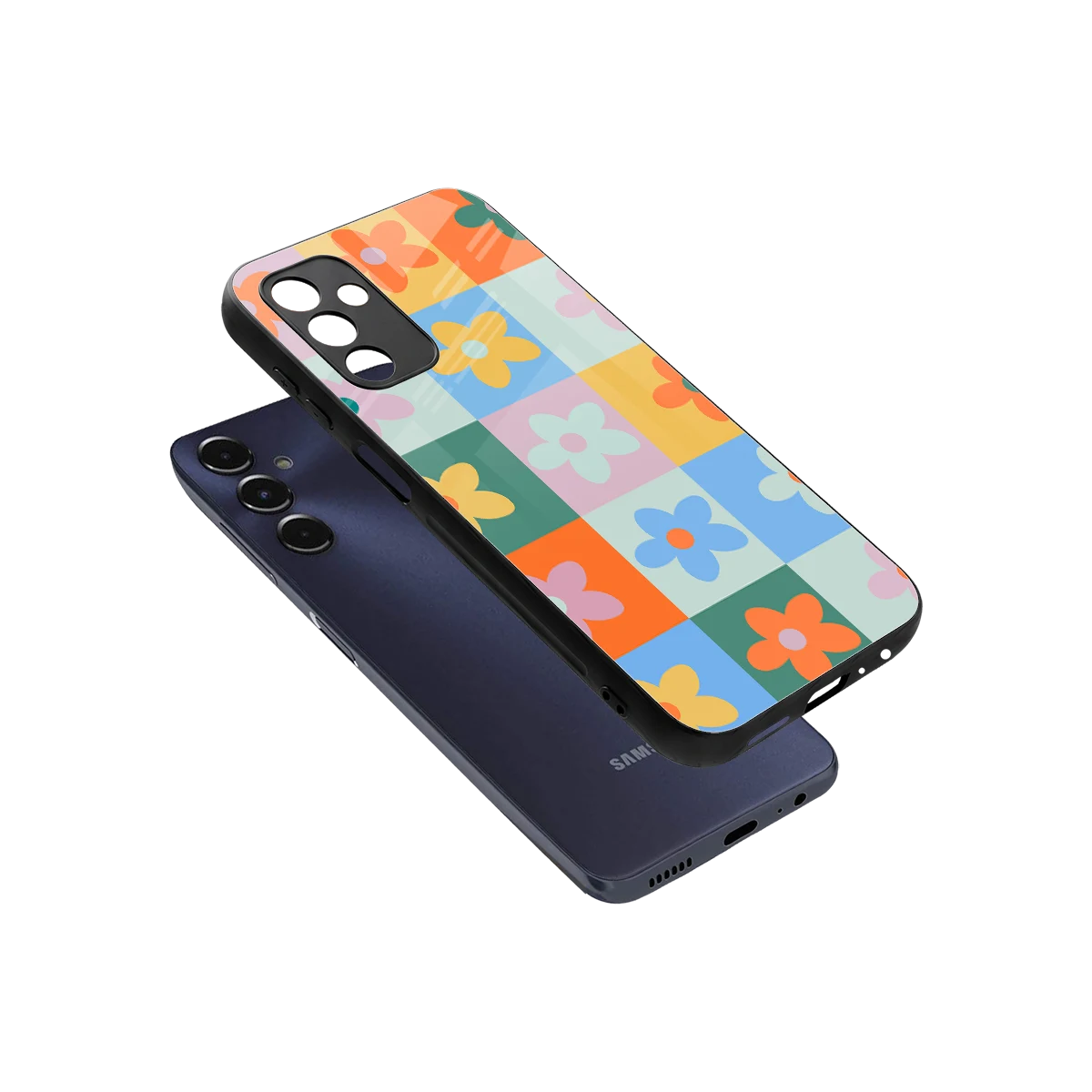 Floral Patchwork sleek samsung galaxy m14 5g cover with tempered glass back and TPU edges