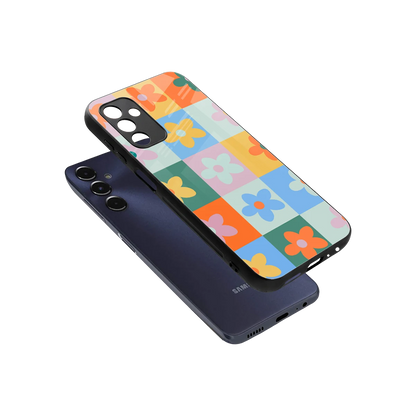 Floral Patchwork sleek samsung galaxy m14 5g cover with tempered glass back and TPU edges