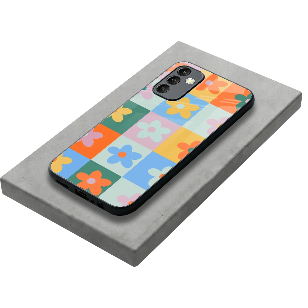 Floral Patchwork stylish phone case for samsung galaxy m14 5g | glossy glass and slim fit