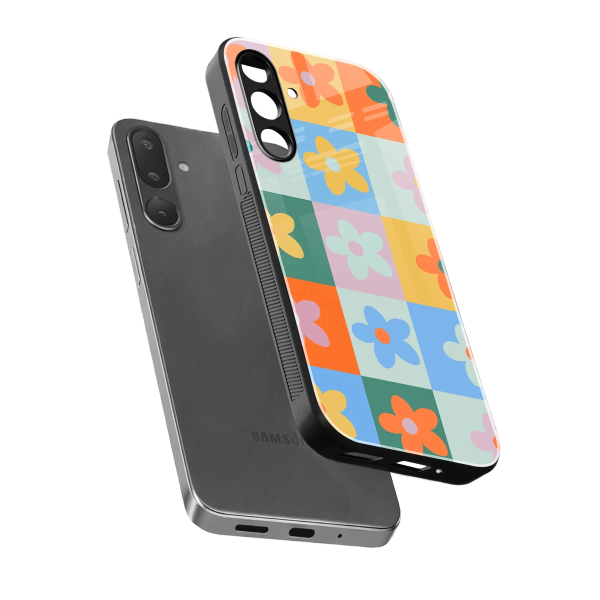 Floral Patchwork sleek samsung galaxy m56 5g cover with tempered glass back and TPU edges