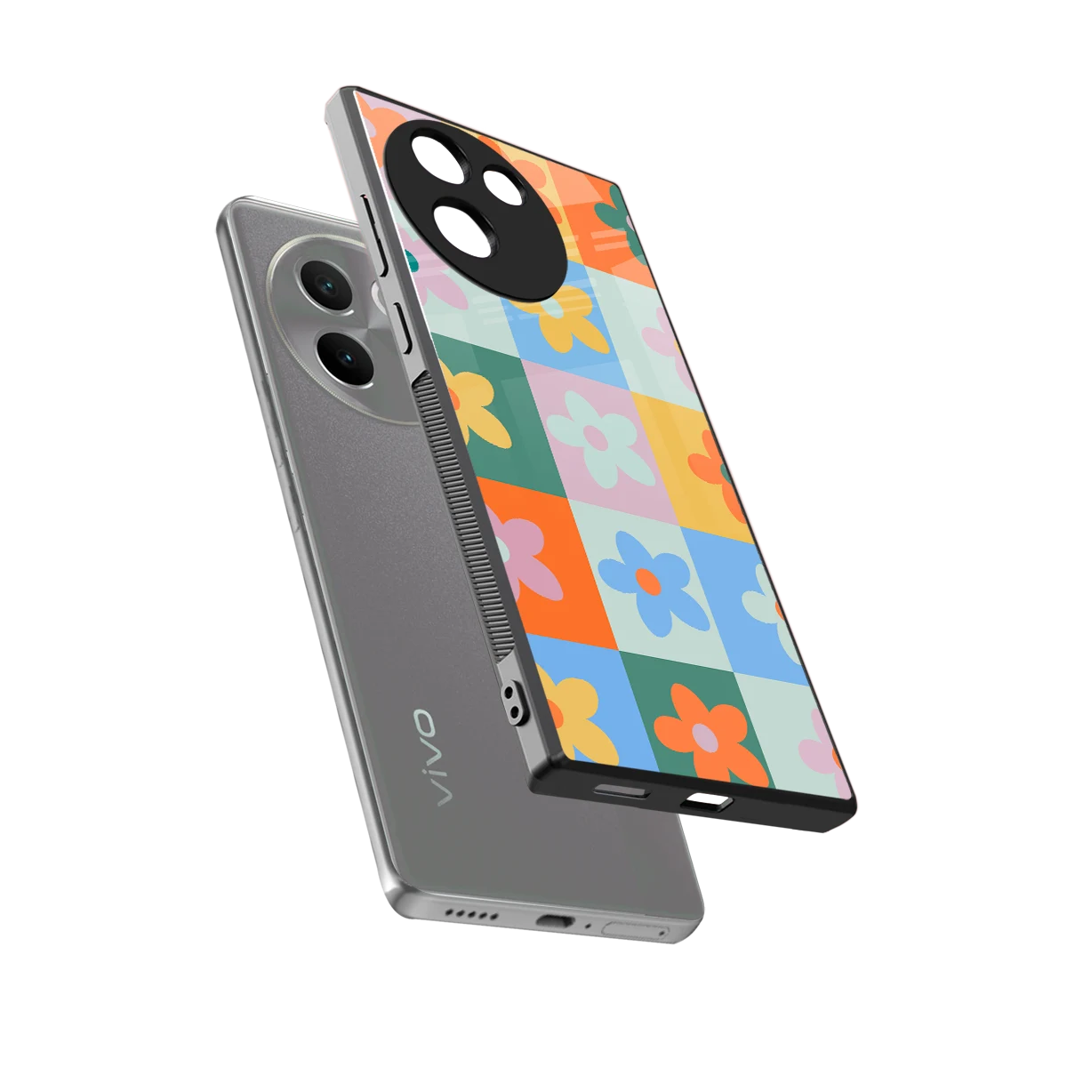 Floral Patchwork sleek vivo v30e cover with tempered glass back and TPU edges