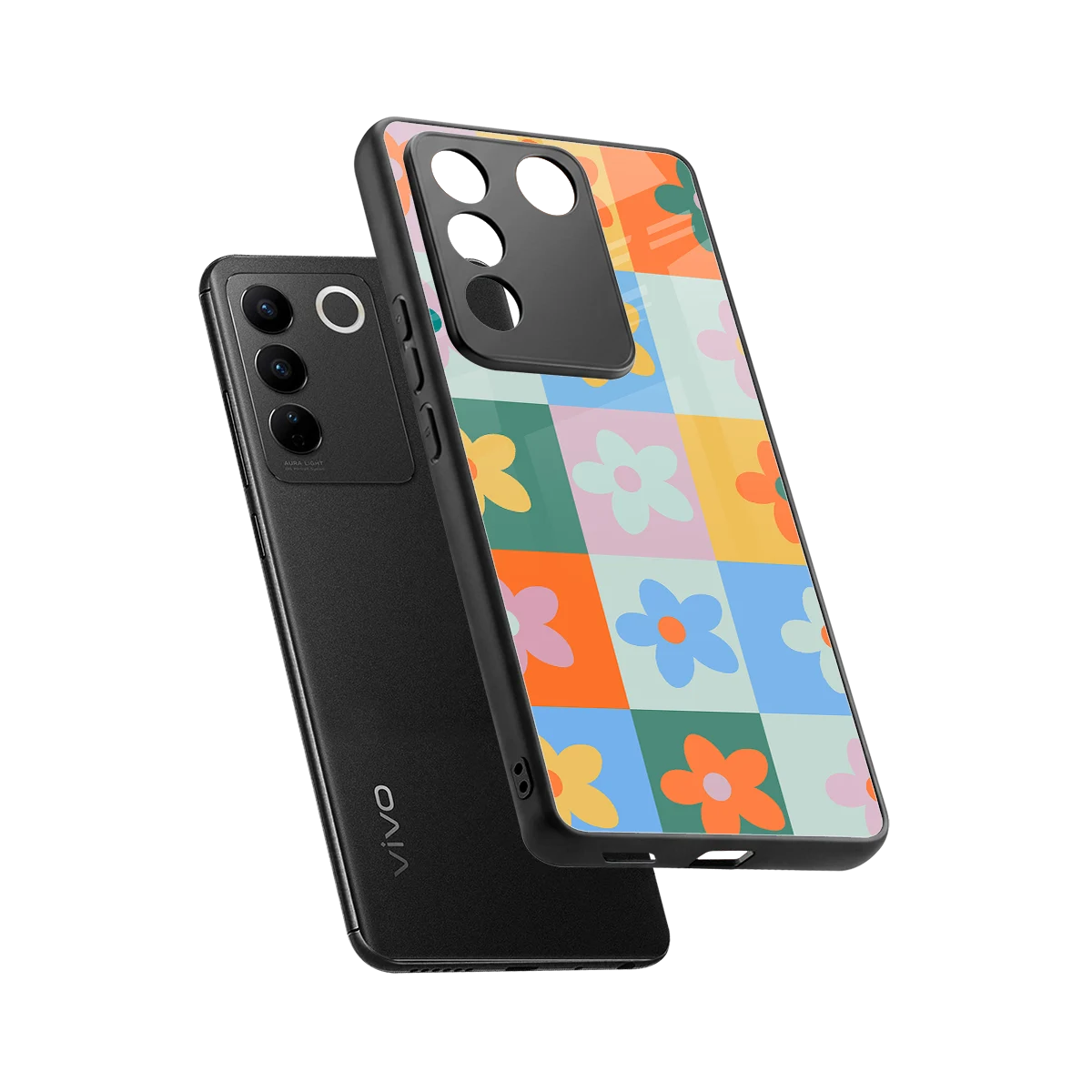 Floral Patchwork sleek vivo v27 5g cover with tempered glass back and TPU edges