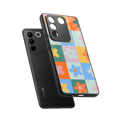 Floral Patchwork sleek vivo v27 5g cover with tempered glass back and TPU edges