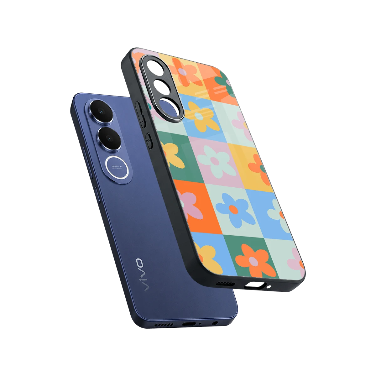 Floral Patchwork sleek vivo v70 fe cover with tempered glass back and TPU edges