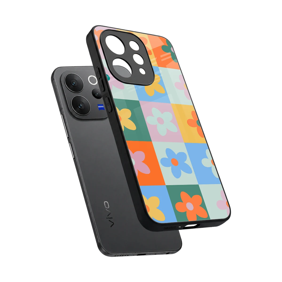 Floral Patchwork sleek vivo v70 elite cover with tempered glass back and TPU edges