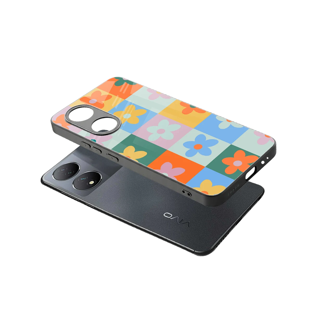Floral Patchwork sleek Vivo-y100 cover with tempered glass back and TPU edges