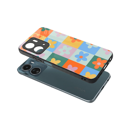Floral Patchwork sleek vivo y16 cover with tempered glass back and TPU edges