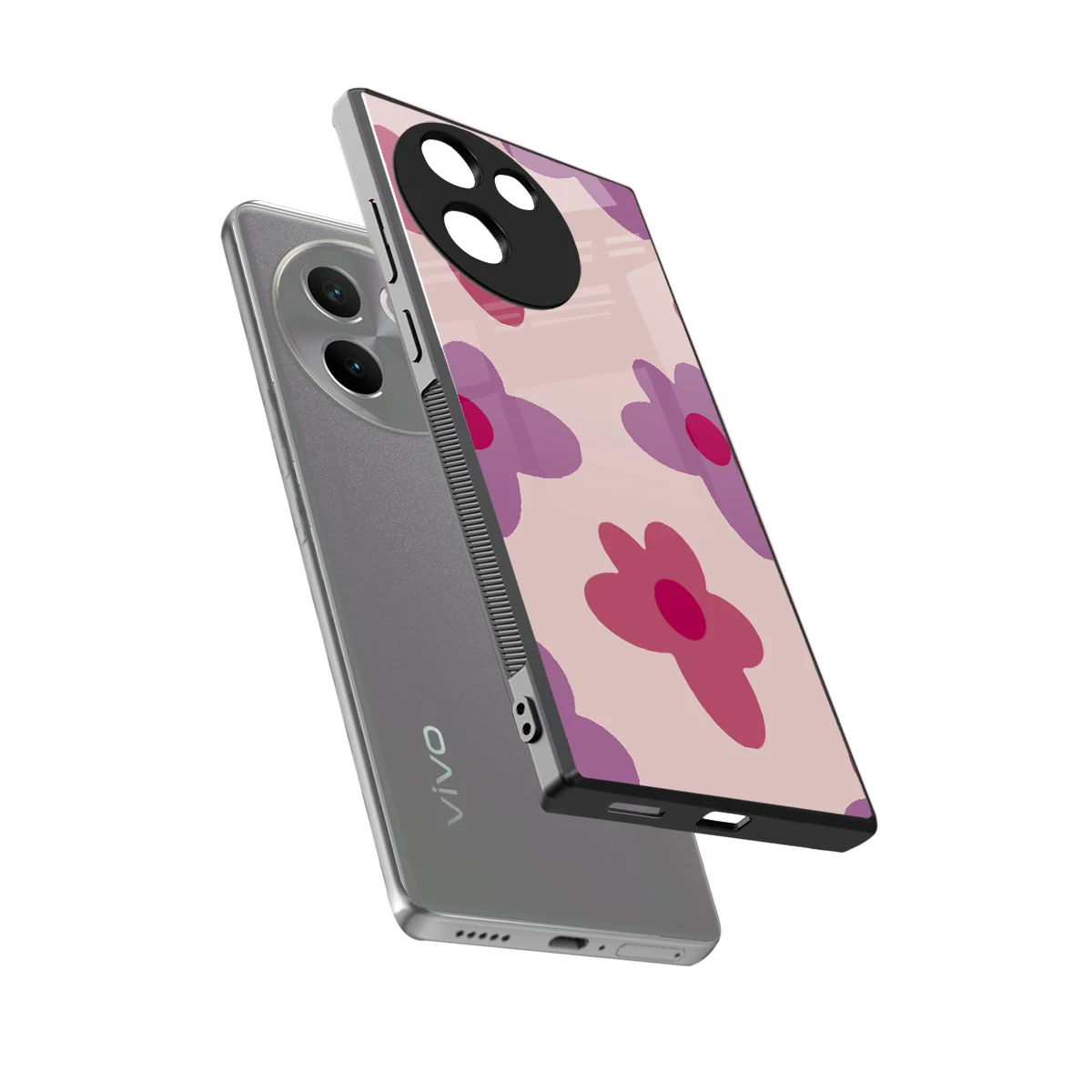 Floral Purple sleek vivo v30e cover with tempered glass back and TPU edges