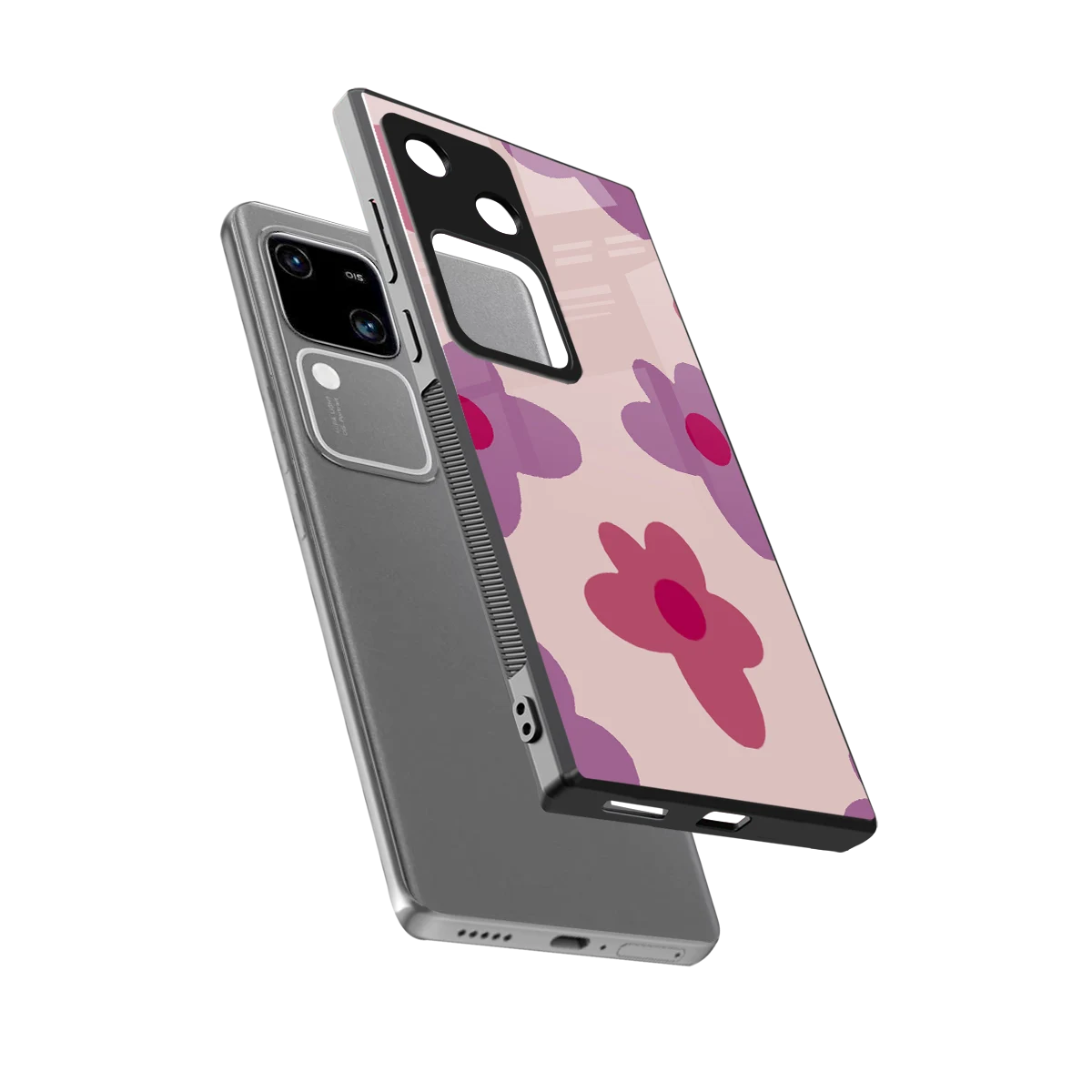 Floral Purple sleek vivo v30 cover with tempered glass back and TPU edges