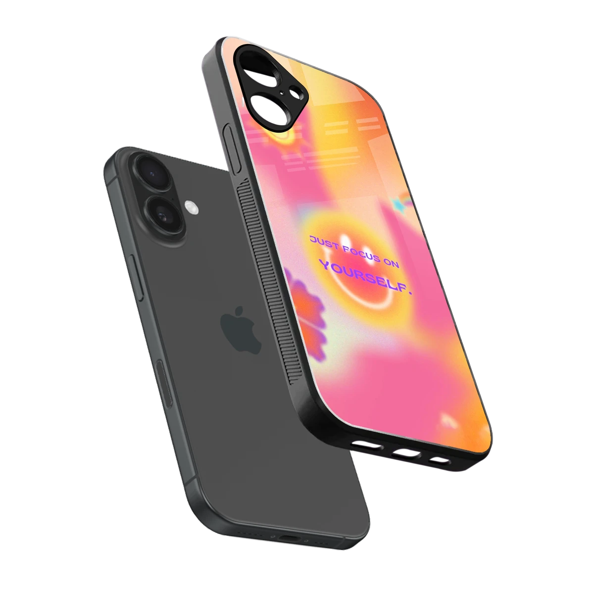 Focus On Yourself sleek iPhone 16 cover with tempered glass back and TPU edges