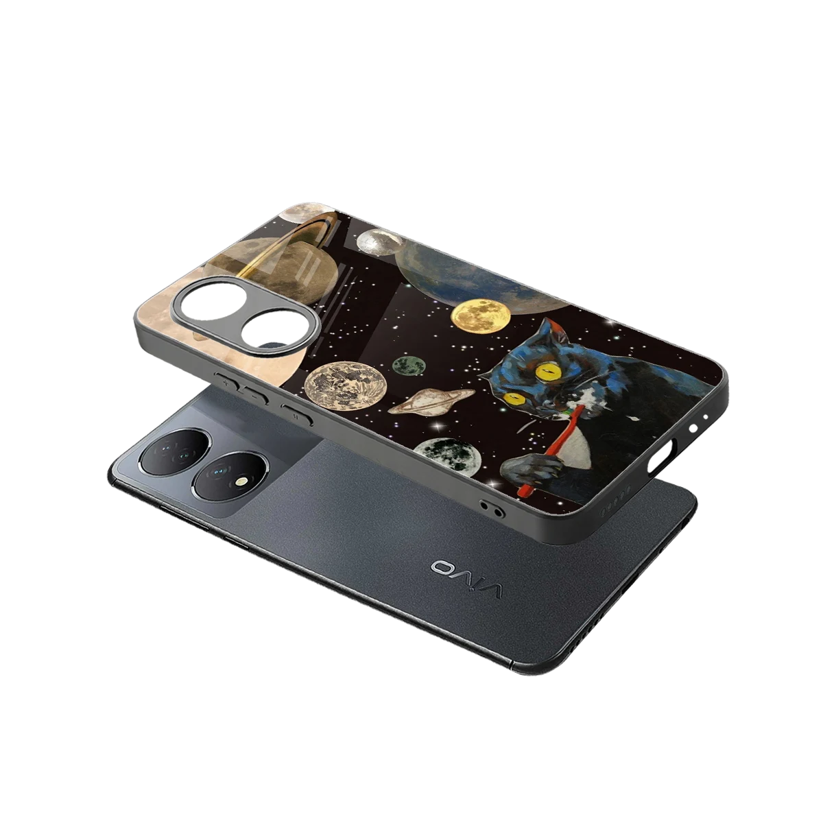 Galactic Purr sleek Vivo-y100 cover with tempered glass back and TPU edges