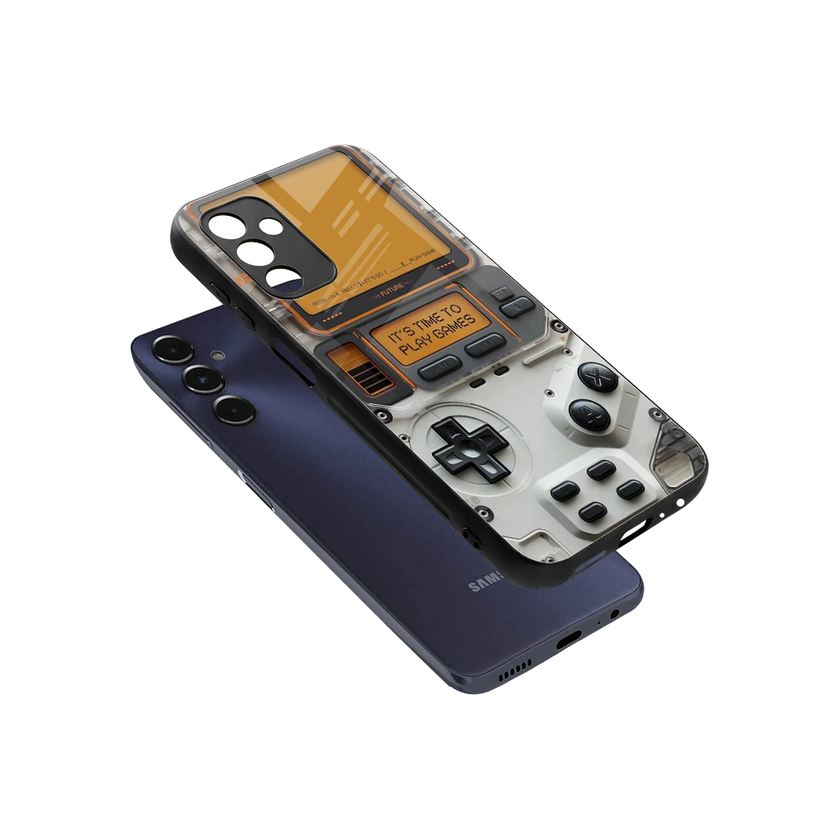 Gameboy Orange sleek samsung galaxy m14 5g cover with tempered glass back and TPU edges