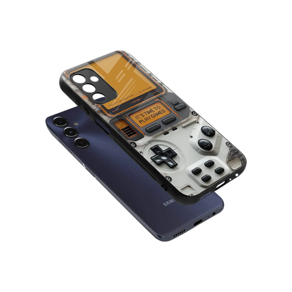 Gameboy Orange sleek samsung galaxy m14 5g cover with tempered glass back and TPU edges
