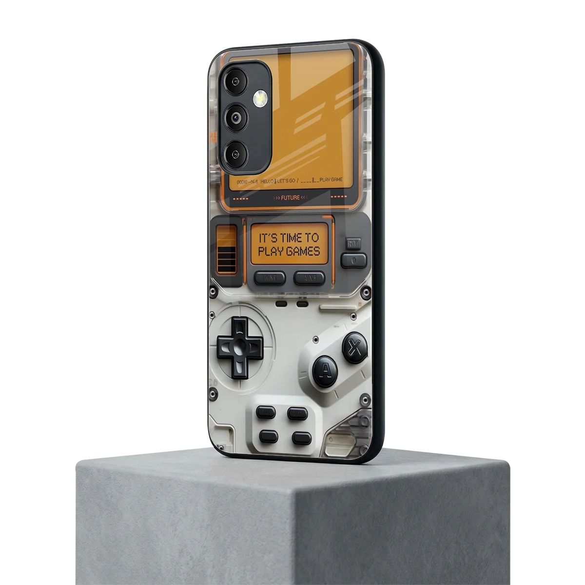 Gameboy Orange samsung galaxy m14 5g mobile cover | shockproof glass phone case
