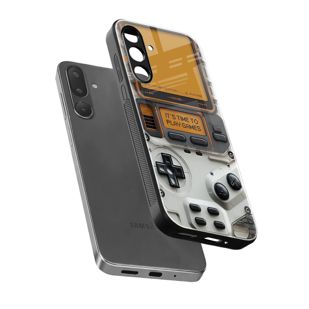 Gameboy Orange sleek samsung galaxy m16 5g cover with tempered glass back and TPU edges