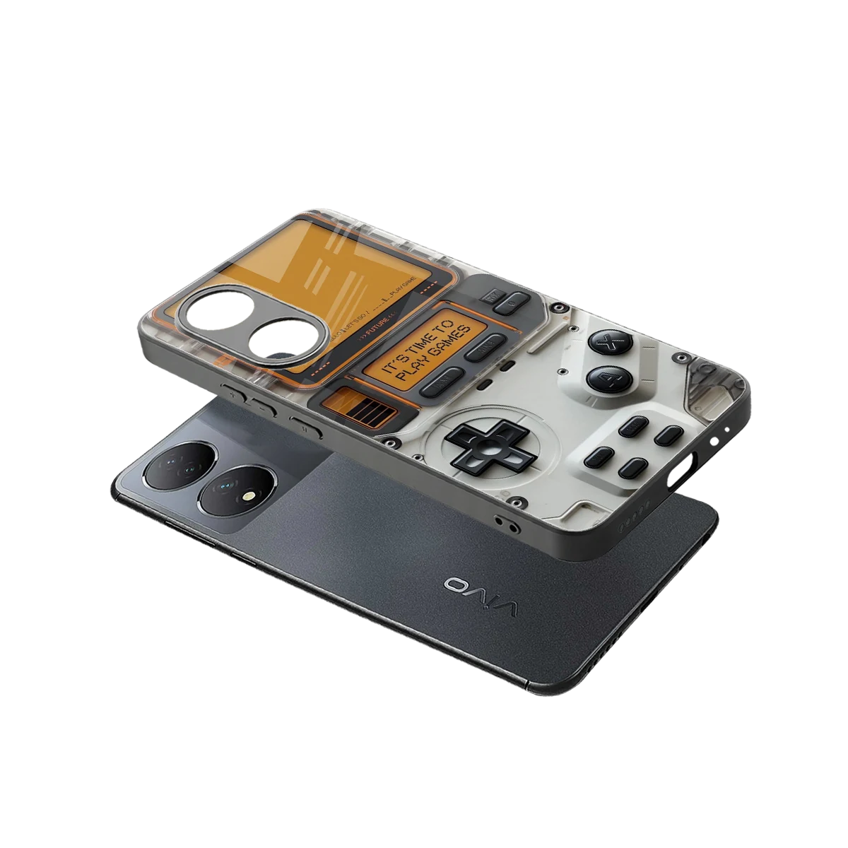 Gameboy Orange sleek Vivo-y100 cover with tempered glass back and TPU edges