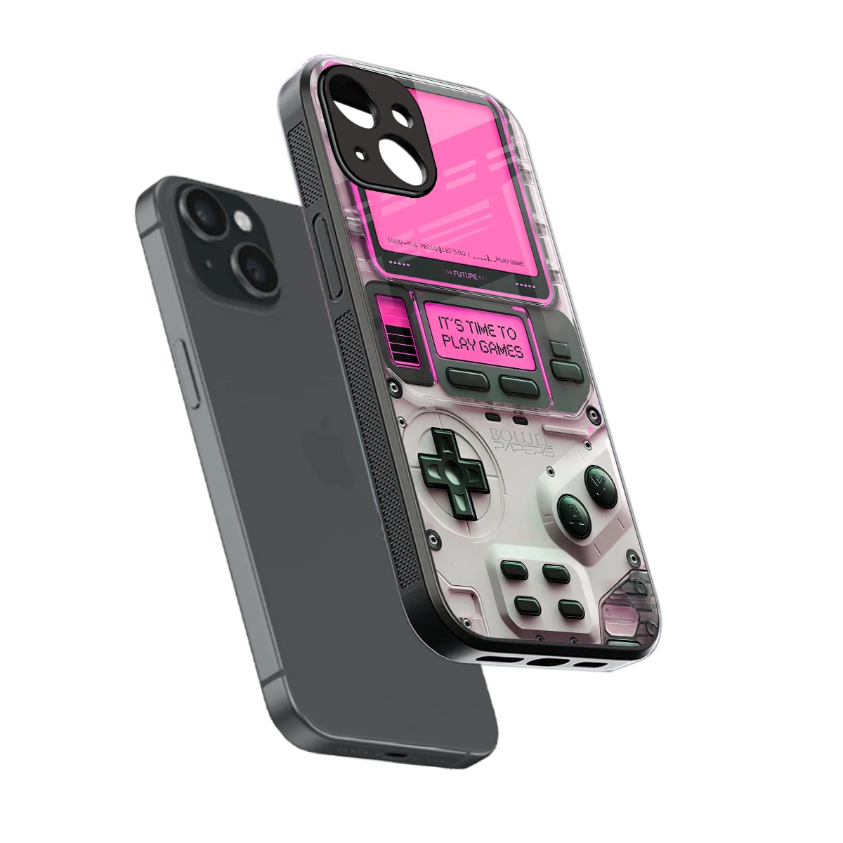 Gameboy Pink sleek iphone 14 cover with tempered glass back and TPU edges