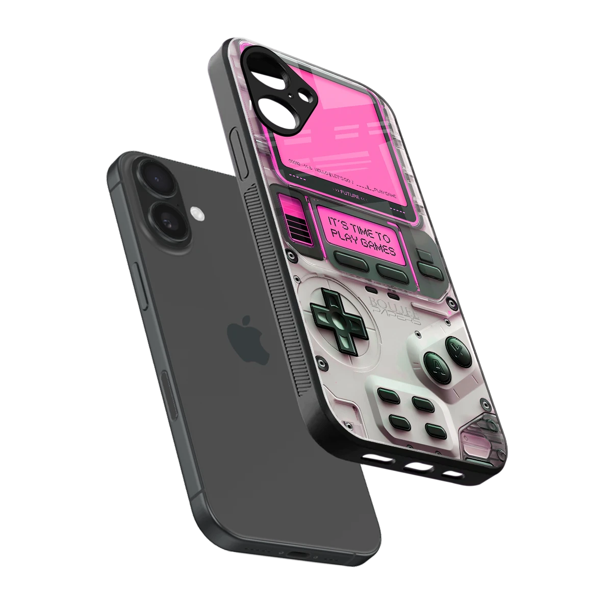Gameboy Pink sleek iPhone 16 cover with tempered glass back and TPU edges