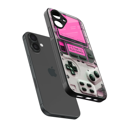 Gameboy Pink sleek iPhone 16 cover with tempered glass back and TPU edges
