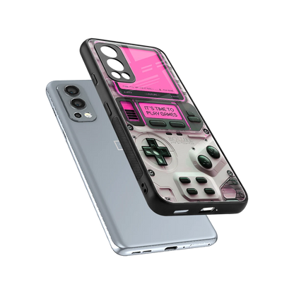 Gameboy Pink sleek oneplus nord 2 cover with tempered glass back and TPU edges