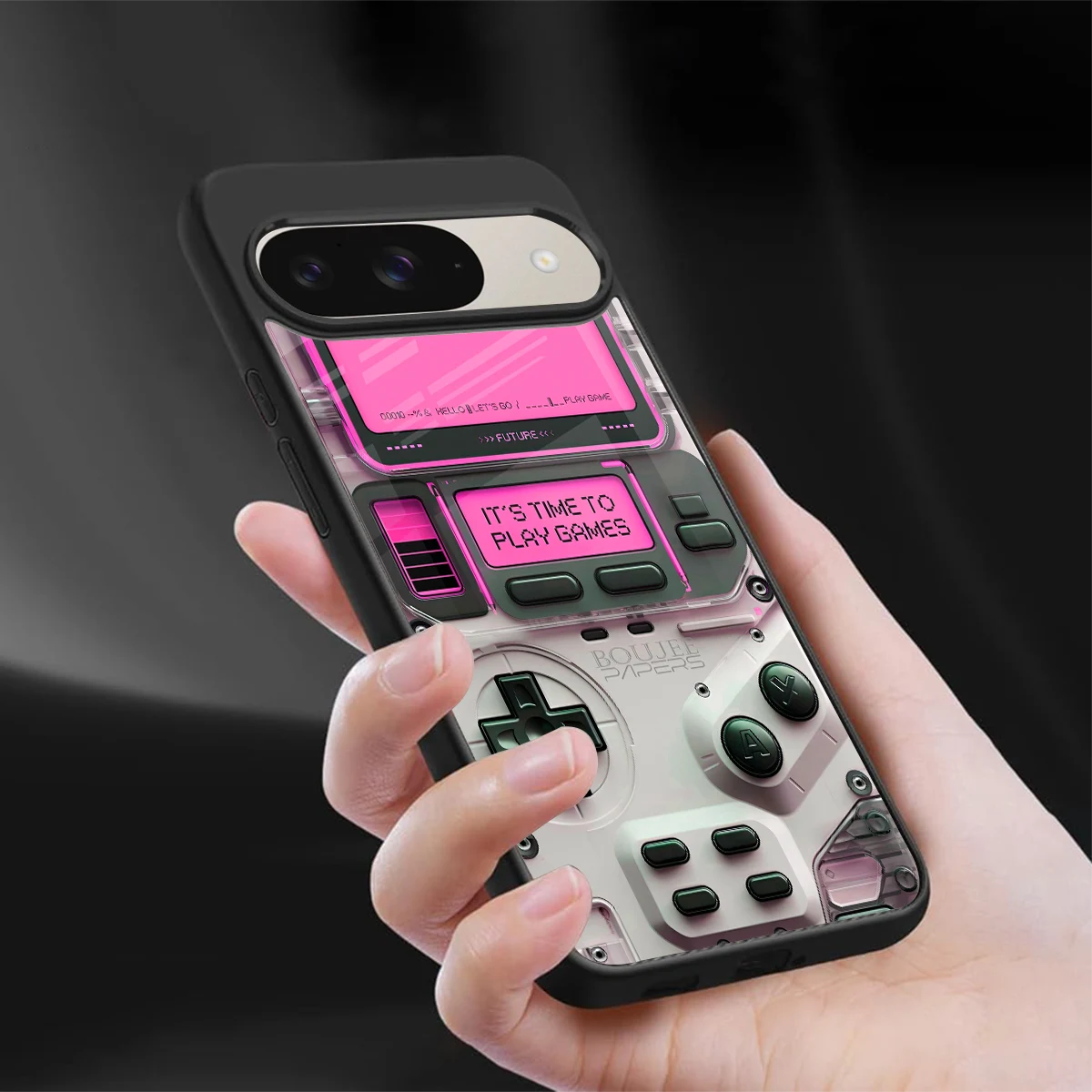 Gameboy Pink sleek google pixel 9 cover with tempered glass back and TPU edges