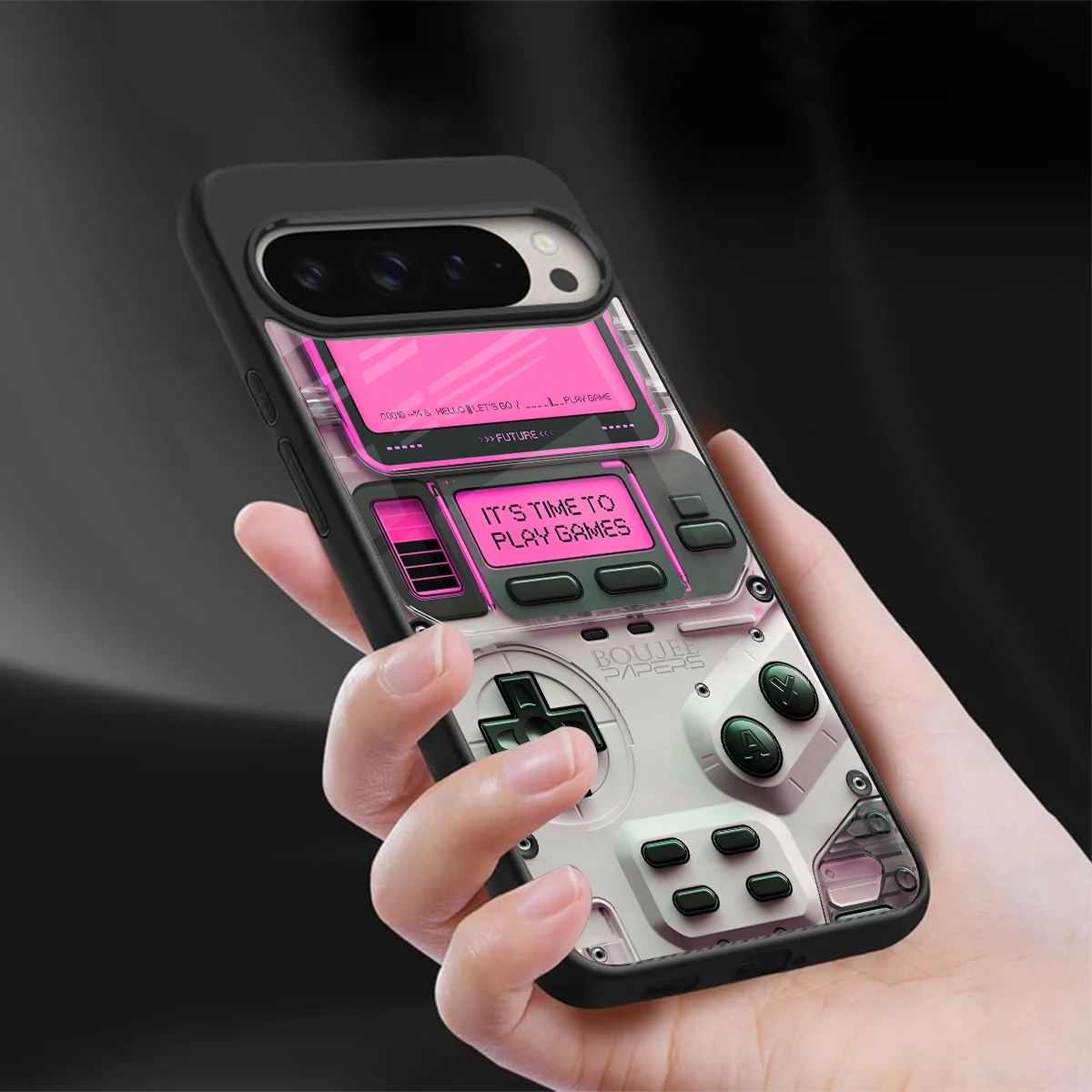 Gameboy Pink sleek google pixel 9 pro cover with tempered glass back and TPU edges