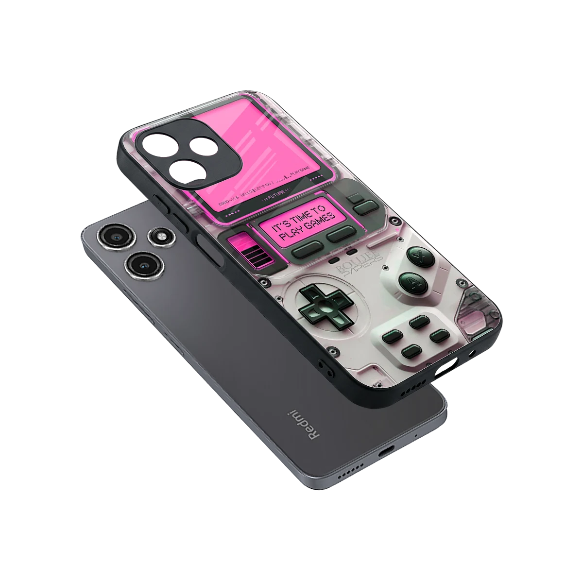 Gameboy Pink sleek redmi 12 5g cover with tempered glass back and TPU edges