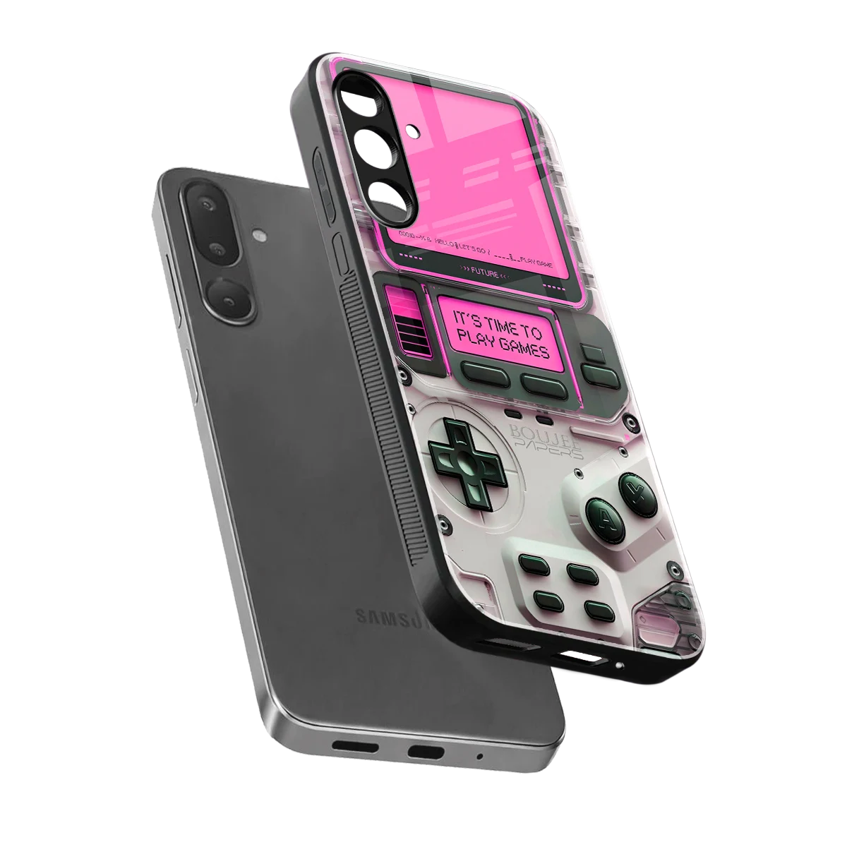 Gameboy Pink sleek samsung galaxy m56 5g cover with tempered glass back and TPU edges