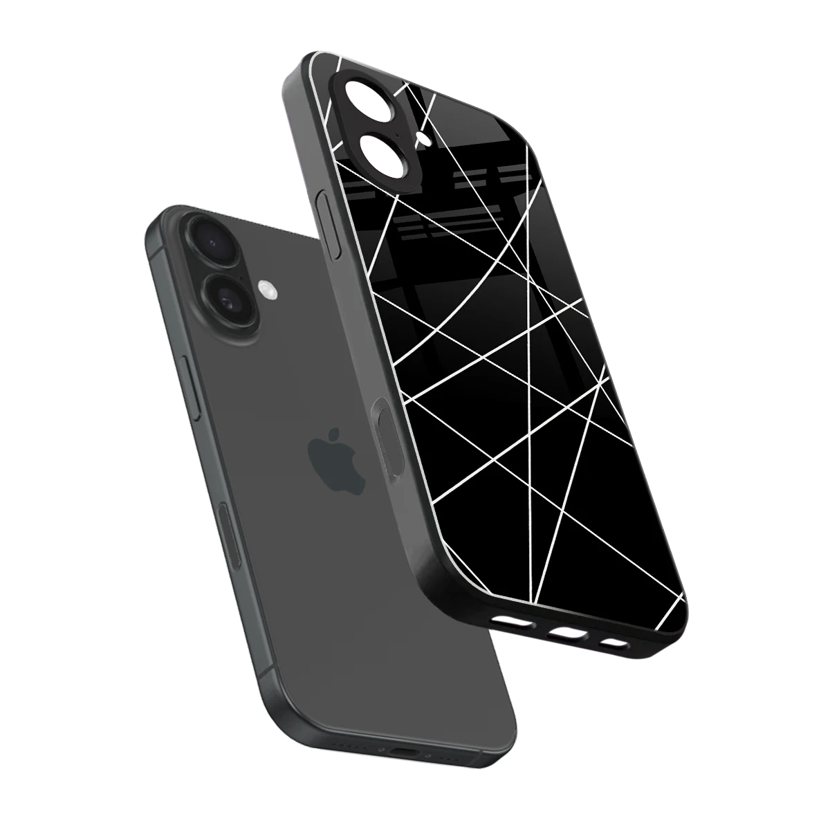 Geomatric Black sleek iphone 17 cover with tempered glass back and TPU edges